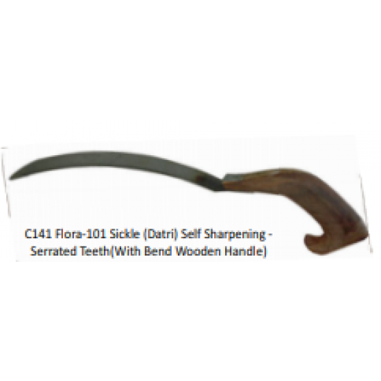 C141 Flora-101 Sickle (Datri) Self Sharpening - Serrated Teeth (With Bend Wooden Handle)